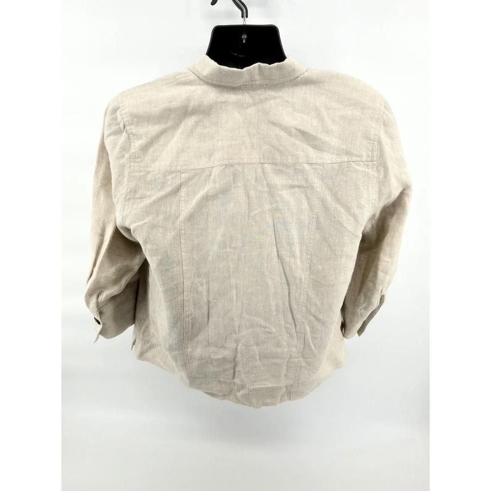Easy Spirit Button Down‎ Shirt Womens Large Beige 100% Linen 3/4 Sleeve Notched